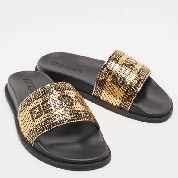 NWT FENDI NIB BLK/GOLD METAL MESH LOGO POOL SLIDES MADE IN ITALY 39EU 8.5 - Picture 4 of 14